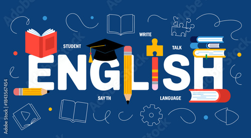 A vibrant illustration showcasing the English language concept, featuring books, stationery, and other educational tools, representing learning and communication across cultures.