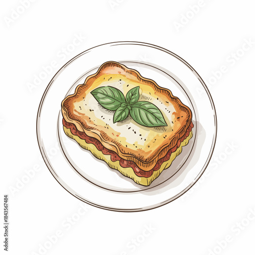 An appetizing illustration of a baked lasagna on a plate garnished with fresh basil, showcasing a delightful mix of textures and inviting colors, ideal for food lovers.