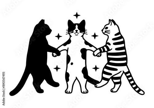 Three diverse cats, one black, one black and white, and one striped, holding paws and dancing in a whimsical circle with sparkling stars.