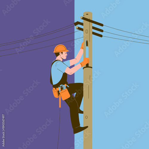 An illustration of a technician climbing an electric pole, demonstrating dedication and skill while performing essential maintenance on telecommunications infrastructure.