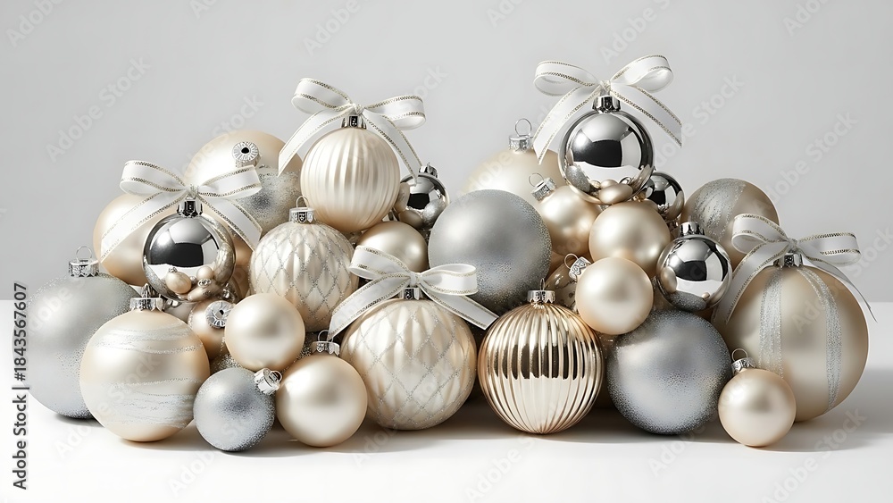 Obraz premium A collection of elegant silver and white Christmas ornaments adorned with ribbons, perfect for festive holiday decorations