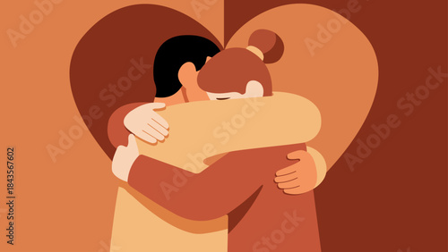 A warm and intimate flat design vector illustration depicting a couple in a tight, loving embrace, set against a large heart shape in soft, monochromatic brown and orange tones.