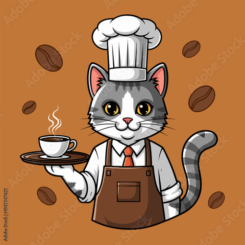 A cute cartoon cat barista wearing a chef's hat and apron, serving a steaming cup of coffee on a tray, with coffee beans floating in the brown background.