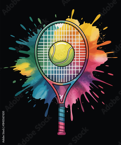Colorful watercolor splash tennis racket and ball sport design