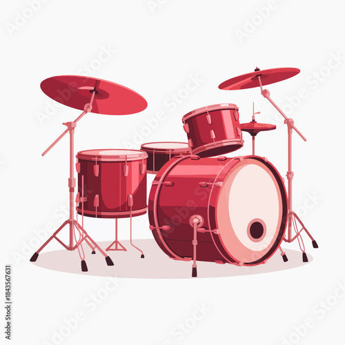 A vibrant red drum set arranged for performance, emphasizing music's role in life and community, capturing the energy and excitement of playing and enjoying rhythm.