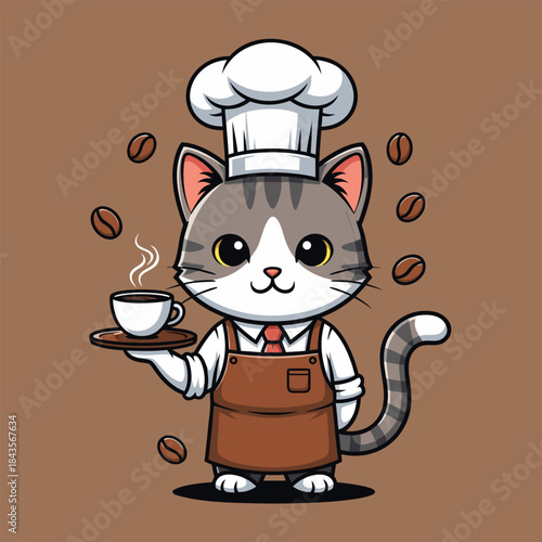 A cute cartoon cat barista wearing a chef's hat and apron, serving a steaming cup of coffee with floating coffee beans.