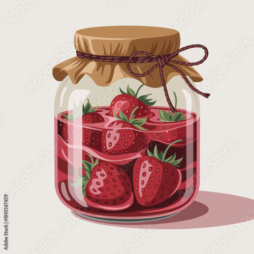 This image showcases a jar filled with fresh strawberries, symbolizing homemade goodness and the joy of preserving seasonal fruits.