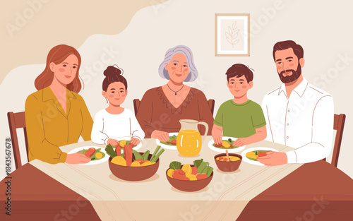 A warm family gathering at the dining table, showcasing a variety of colorful food dishes, with smiles reflecting joy and love during a shared meal. Perfect for family themes.
