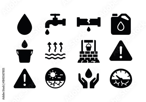 Water Scarcity Icons. Water scarcity. Solid icon set of water sc