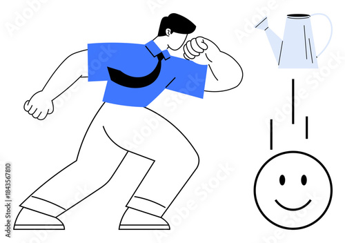 Growth concept. ion of a person, watering can, and smiling face creativity and progress. Growth as inspiration for productivity and development. Ideal for innovation, success, education, motivation