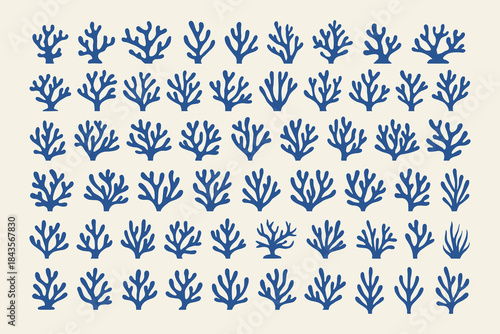 Vector collection of various stylized seaweed and branching coral shapes in a vibrant blue silhouette, ideal for ocean-themed graphics, nautical designs, and aquatic decorative elements.