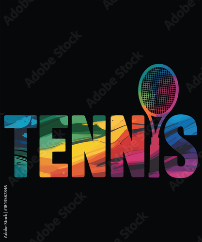 Colorful text art design featuring the word tennis and a racket