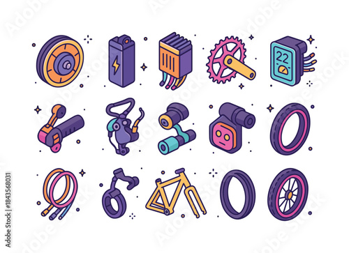 E-Bike Components Icons. E-bike components. Colorful isometric v