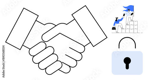 Business agreements, teamwork, data privacy, trust, cooperation protection. Handshake and lock icon. Business agreements and data privacy concept. Line metaphor. Simple line icons