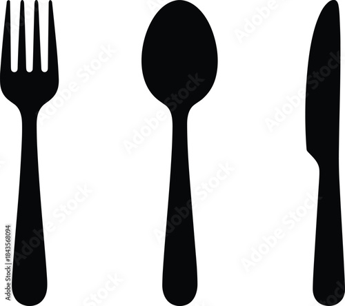 Black silhouettes of a fork, a spoon, and a knife standing vertically in a clean, minimalist design representing dining, food, and restaurant concepts.