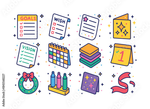 Colorful New Year Icons. New year notes. Colorful isometric vect