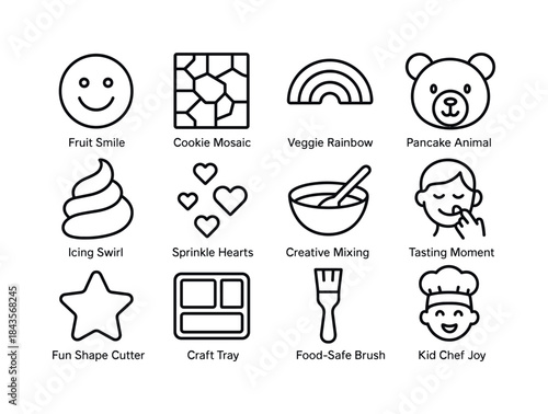 Kids Edible Icons. Kids edible creativity. Line icon set of kids