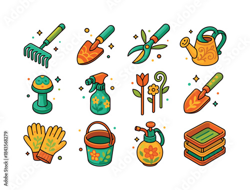 Colorful Garden Tool Icons. Garden decor tools. Colorful isometr