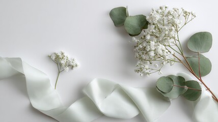 White baby's breath flowers and green eucalyptus leaves arranged with a soft sage ribbon, space providing copy elegant