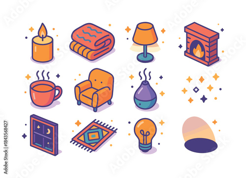 Cozy Ambiance Icons. cozy ambiance. Colorful isometric vector ic