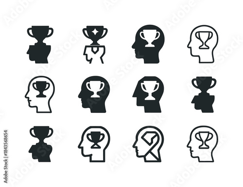 Trophy Mind Icons. Winning the mental game. Icon set. Set Logo o