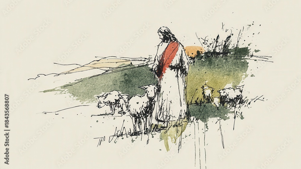 Fototapeta premium Good shepherd caring for his sheep, representing guidance, protection, in faith spiritual leadership christian