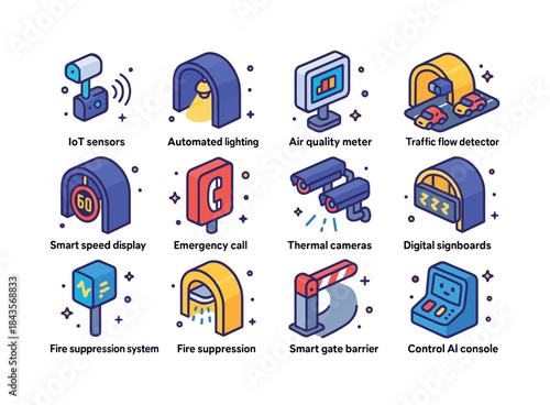 Smart Tunnel Icons. Smart Tunnels. Colorful isometric vector ico