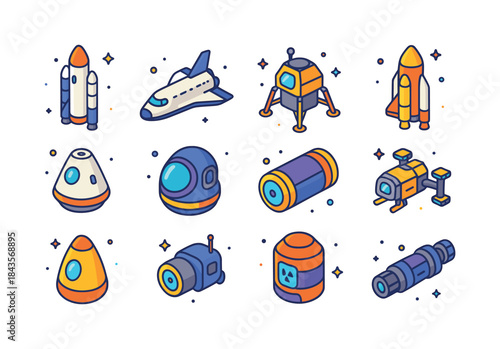 Colorful Space Transport Icons. Space transport vehicles. Colorf