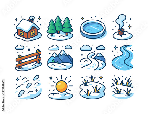 Winter Isometric Icons. Winter landscape. Colorful isometric vec