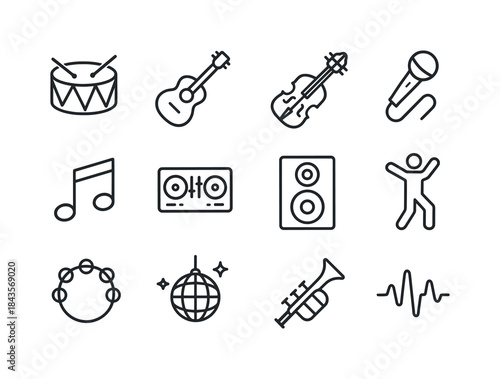 Music and Dance Icons. Music and Dance. Line icon set of music a