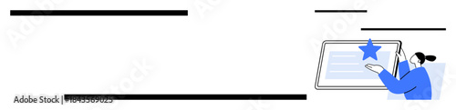 Digital security, document verification, technology integration, user interaction, business processes, online services. Person interacting with a tablet and star symbol. Digital security and document