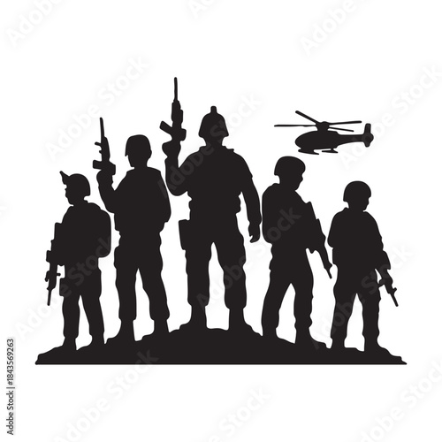 Military soldiers squad silhouette with helicopter