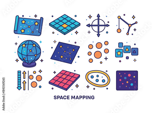Colorful Space Mapping Icons. Space mapping. Colorful isometric