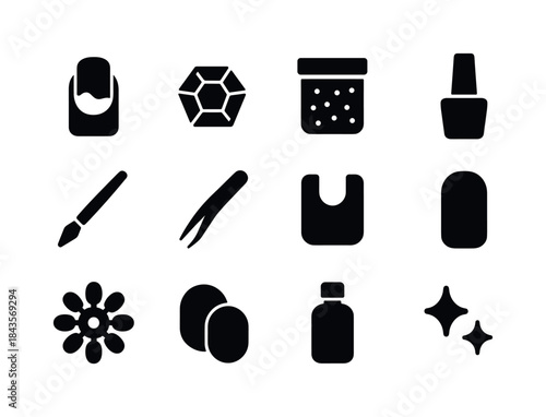 Nail Art Essentials. Nail Decoration. Solid icon set of Nail Dec