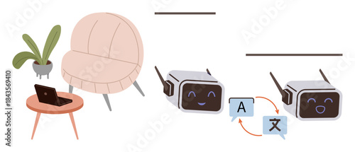 Modern workspace with laptop, chair, and plant alongside smiling robot processing language translation. Ideal for AI, remote work, automation, education, technology communication innovation. Simple