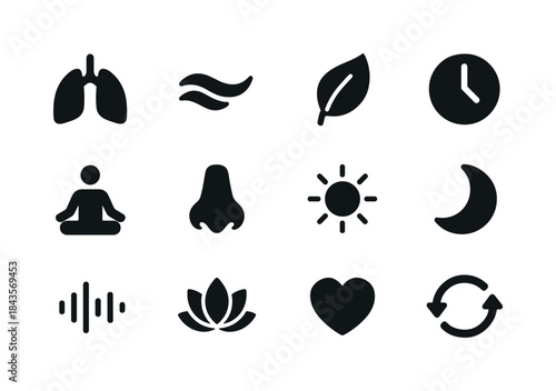 Breathing Exercise Icons. Breathing exercises. Solid icon set of