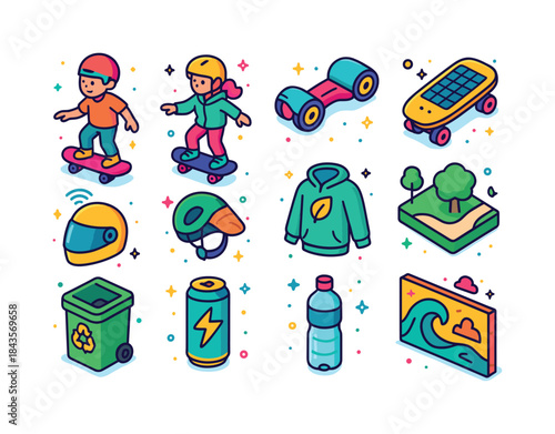 Futuristic Skater Icons. Future Skaters. Colorful isometric vect