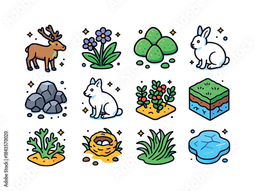 Tundra Icon Set. Tundra life. Colorful isometric vector icons se