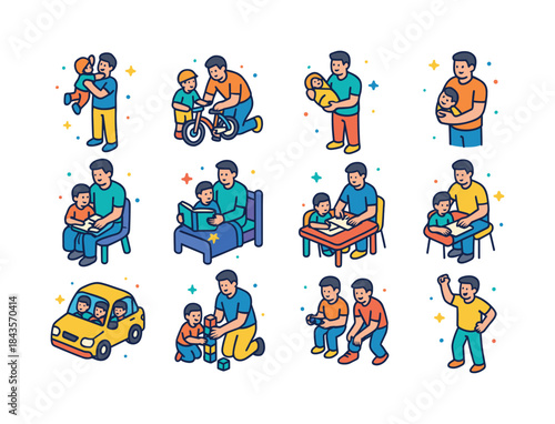 Fatherhood Moments Icons. Fatherhood. Colorful isometric vector