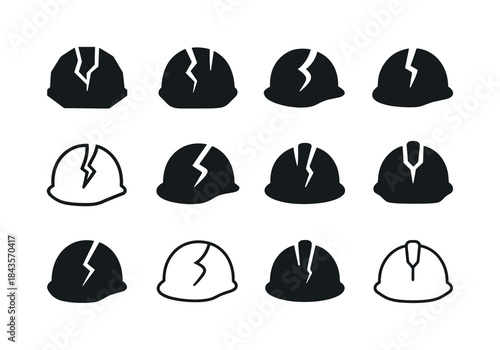 Cracked Hard Hat Icons. unsafe equipment. Icon set. Set Logo of