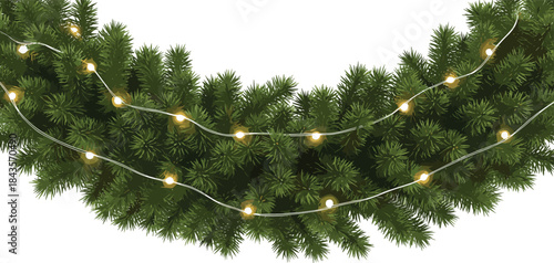Curved pine garland, warm yellow lights, festive Christmas decor, realistic holiday ornament, cozy seasonal decoration, decorative string layout