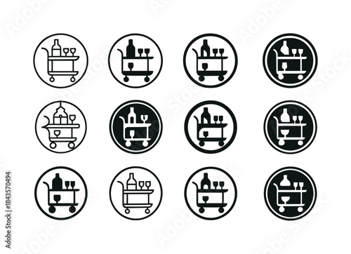 Stylish Bar Cart Icons. Stylish Bar Cart with Liquor and Glasswa