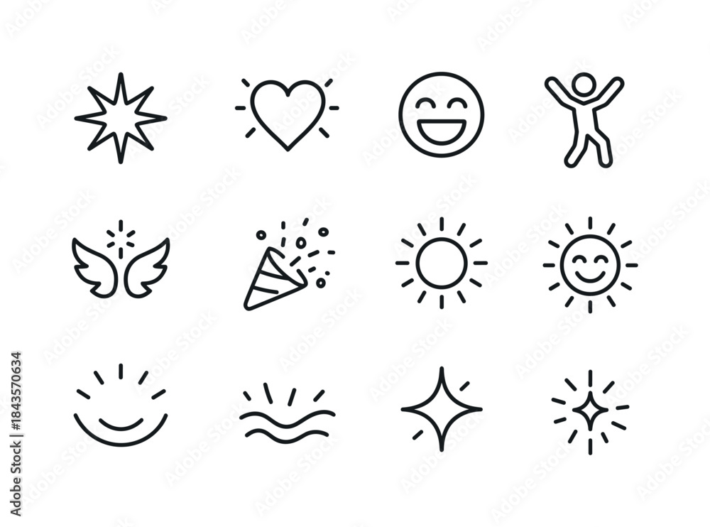 Fototapeta premium Joy Icon Set. Joy. Line icon set of Joy: bursting star, joyful h