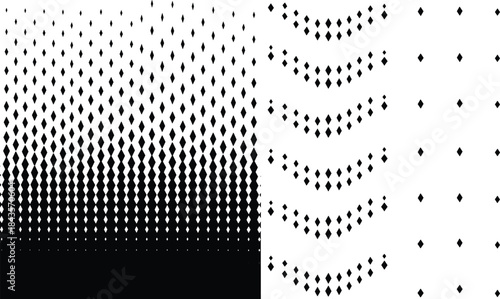 Geometric diamond pattern set, abstract grid design, visual perception art, minimalist texture, waveform layout, black shape composition