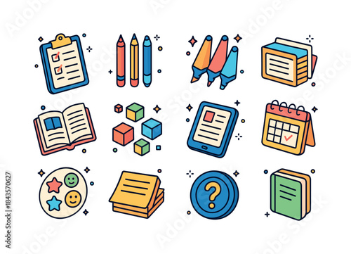 Educational Tools Icons. education support tools. Colorful isome