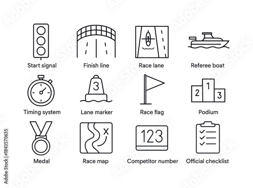 Rowing Competition Icons. Rowing competition elements. Line icon