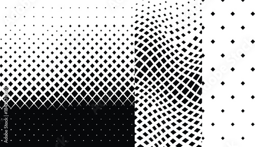 Geometric diamond grid set, abstract pattern transformation, visual perception art, minimalist texture, optical illusion design, black shape layout