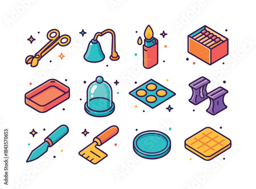Candle Accessories Icons. Candle accessories. Colorful isometric