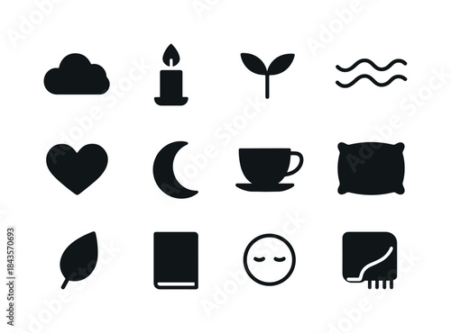Calm Icon Grid. Calming elements. Solid icon set of calming elem