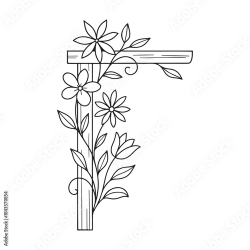 Decorative floral arrangement with blooming flowers and leaves on a wooden frame